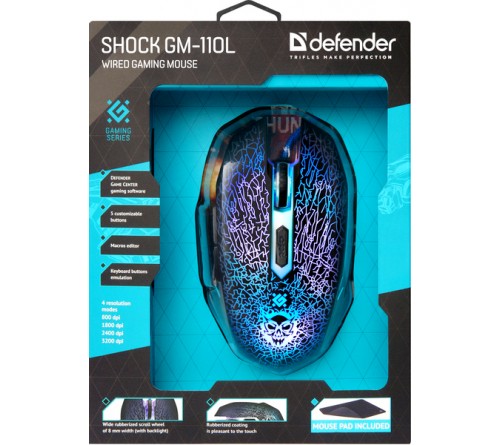 Мышь DEFENDER    GM 110L Shock          (USB, 3200dpi,Optical) Black Игровая Коробка