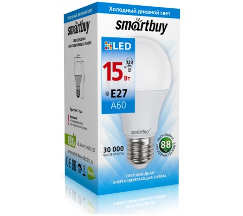 Лампа светодиодная SmartBuy (LED) A60-  15W-6000K E27 Холодный Дневной свет