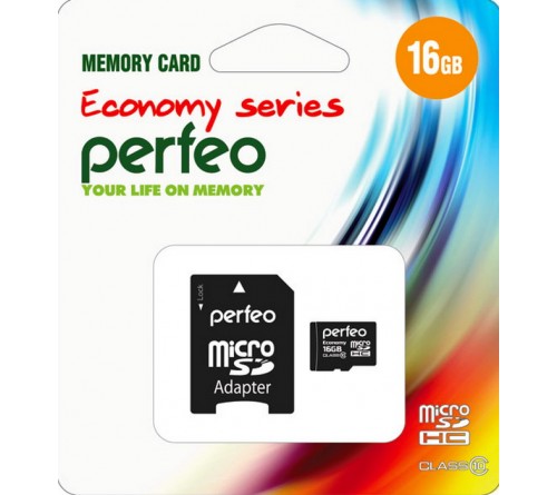 Карта памяти  MicroSDHC     16Gb (Class  10)  Perfeo +  Адаптер SD Economy