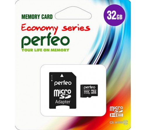 Карта памяти  MicroSDHC     32Gb (Class  10)  Perfeo +  Адаптер SD Economy