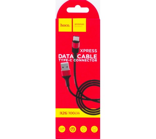 Кабель  USB - Type C Hoco X 26 1.0 m,2.0A, Black-Red,коробочка Ткань
