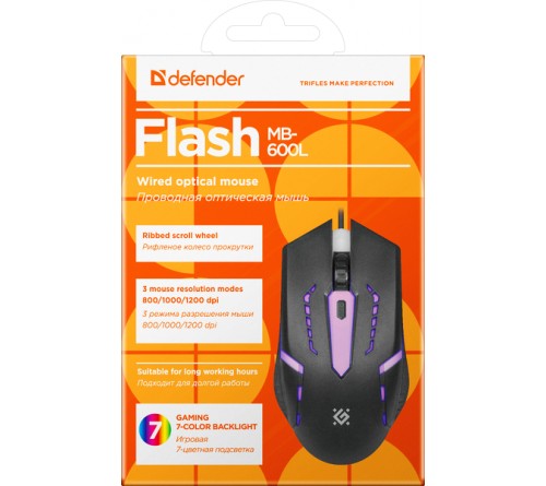 Мышь DEFENDER    600L Flash        (USB, 1200dpi,Optical) Black 7 цветов подсветки Коробка