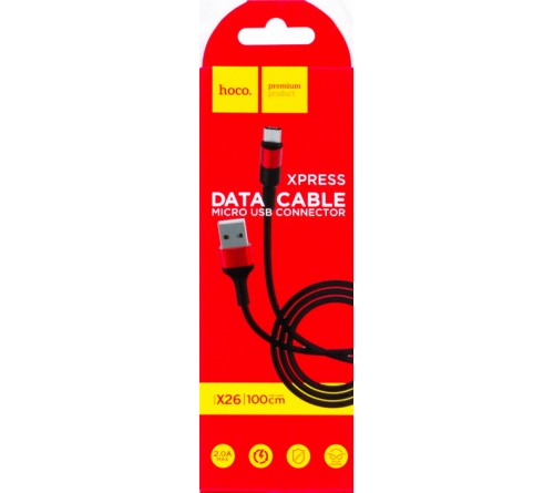 Кабель  USB - MicroUSB Hoco X 26 1.0 m,2.0A, Black-Red,коробочка Нейлон