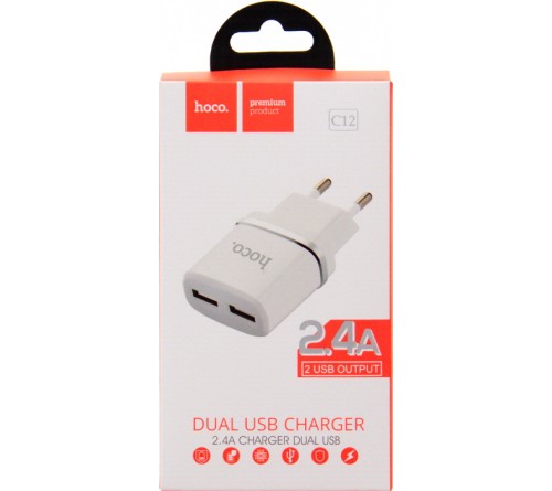 Сетевое Зарядное Устройство 220V- 2*USB выхода  Hoco C 12  2.4A White