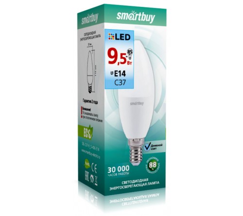 Лампа светодиодная SmartBuy (LED) C37- 9.5W-4000K E14 Белый свет Свеча