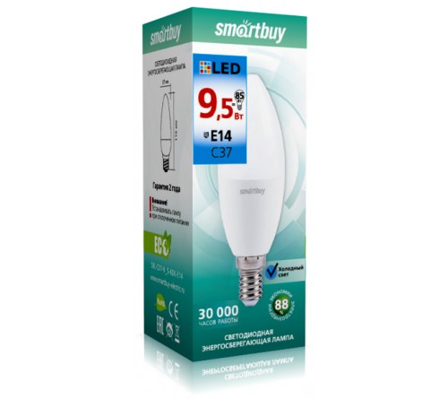 Лампа светодиодная SmartBuy (LED) C37- 9.5W-6000K E14 Белый свет Свеча
