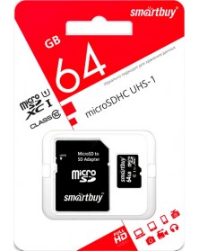 Карта памяти  MicroSDXC     64Gb (Class  10)  SmartBuy +  Адаптер SD UHS-1..