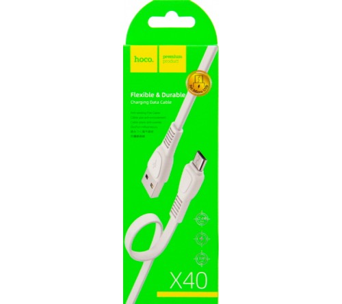 Кабель  USB - MicroUSB Hoco X 40 1.0 m,2.4A, White,коробочка Силикон