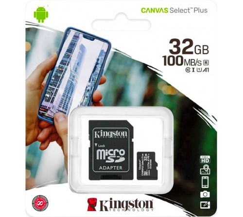 Карта памяти  MicroSDHC     32Gb (Class  10)  Kingston UHS-1 U1 +  Адаптер SD Canvas Select Plus A1 100Mb/s