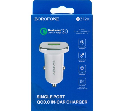 Автомобильное Зарядное Устройство 12V- USB 1*USB выход   Borofone BZ  12A  3.0A,White QC 3.0 Fast Charger