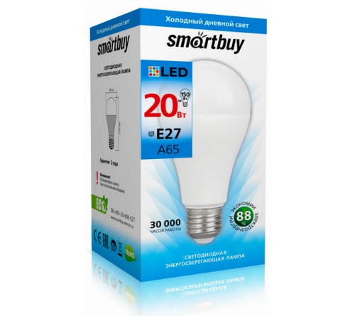 Лампа светодиодная SmartBuy (LED) A60-  20W-6000K E27 Холодный Дневной свет