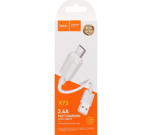 Кабель  USB - MicroUSB Hoco X 73 1.0 m,2.4A, White,коробочка Силикон