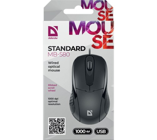 Мышь DEFENDER    580 Standart     (USB, 1000dpi,Optical) Black Коробка