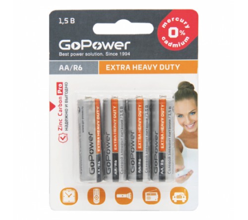 Батарейка GoPower           R6 AA BL4 Extra Heavy Duty 1.5V (4/48/576)