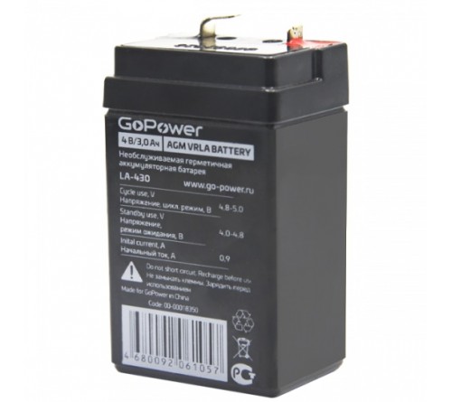 Аккумулятор GoPower VRLA  4v - 3 Ah    Свинц.- кислотный  AGM  (1 / 10)