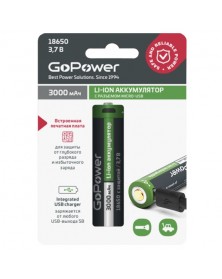 Аккумулятор   Li-ion GoPower 18650 3.7V 3000mAh с защитой + USB (1/10/100)..