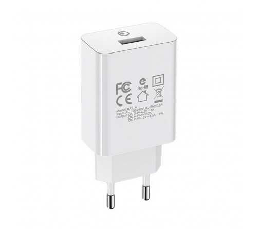 Сетевое Зарядное Устройство 220V- 1*USB выход   Borofone BA 21A  2.4A White QC 3.0 Fast Charger
