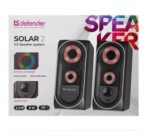 Колонки DEFENDER SOLAR   2              2.0 (2*   4W)  Пластик, питание 5V или от USB LED подсветка