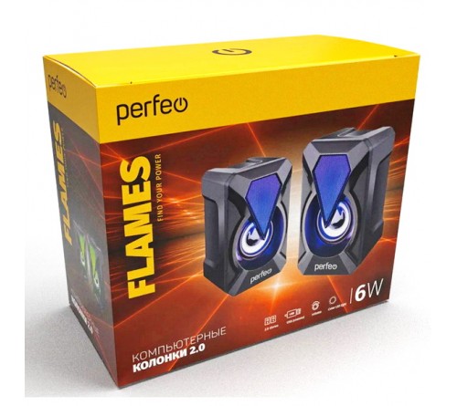 Колонки Perfeo PF-  Flames                      2.0 (2*   3W)  Black Пластик, питание 5V или от USB (PF_A4439) Игровой Дизайн 7 цветов подсветки