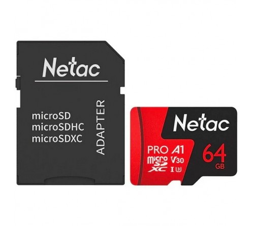 Карта памяти  MicroSDXC     64Gb (Class  10)  Netac +  Адаптер P500 Extreme Pro UHS-1 A1 V30 100Mb/s