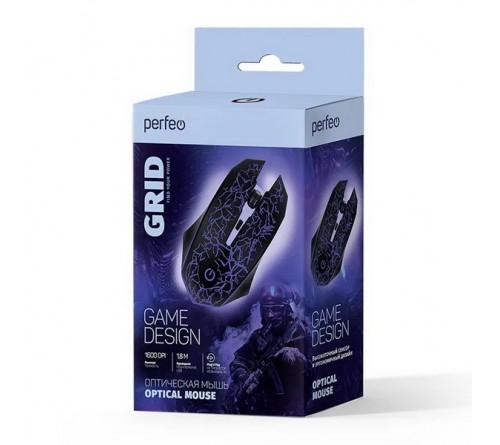 Мышь Perfeo  Grid                            (USB, 1600dpi,Optical) Black Игровая Подсветка Коробка (PF_A4800)