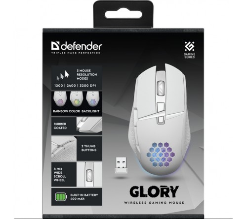 Мышь DEFENDER    GM 514   Glory            (Nano,3200dpi,Optical) White Игровая Беспроводная Аккумуляторная, Коробка