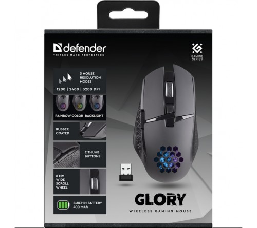 Мышь DEFENDER    GM 514   Glory            (Nano,3200dpi,Optical) Black Игровая Беспроводная Аккумуляторная, Коробка