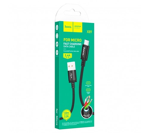 Кабель  USB - MicroUSB Hoco X 89 1.0 m,2.4A, Black,коробочка Нейлон