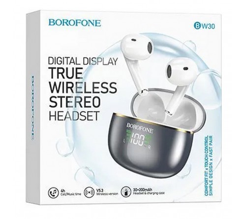 Гарнитура Borofone BW 30 TWS        (ЭйрПодс 3Ген)       (    ) Grey   HiFi ДУ Bluetooth v5.3,Беспроводная