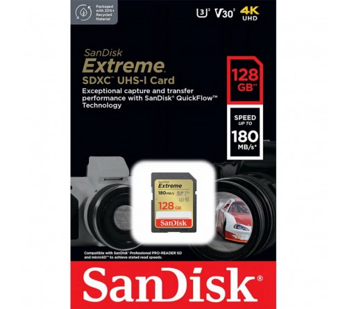 Карта памяти  SDXC  128Gb (Class  10)  SanDisk Extreme V30 UHS-1 U3 180Mb/s