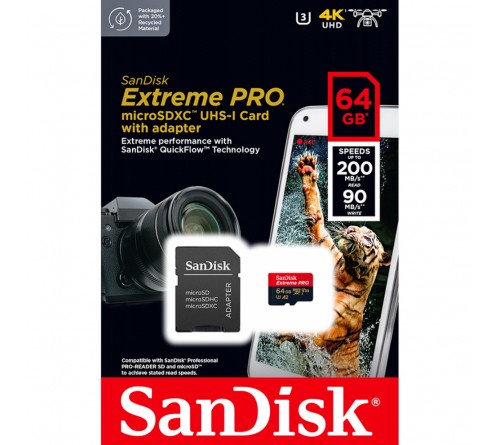 Карта памяти  MicroSDXC     64Gb (Class  10)  Sandisk +  Адаптер SD Extreme PRO A2 V30 UHS-1 U-3 200Mb/s