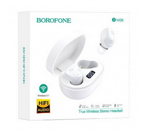 Гарнитура Borofone BW 06 TWS        (Вакуумная)             (    ) White   HiFi ДУ Bluetooth v5.1,Беспроводная