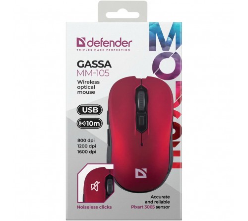 Мышь DEFENDER    105 Gassa         (Nano,1600dpi,IR-Laser) Red Беспроводная Бесшумная Коробка