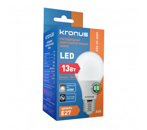 Лампа светодиодная KRONUS (LED) A60- 13W-4000K E27 Белый свет (KRS-01-0005) Лампа светодиодная KRONUS (LED) A60- 13W-4000K E27 Белый свет (KRS-01-0005)