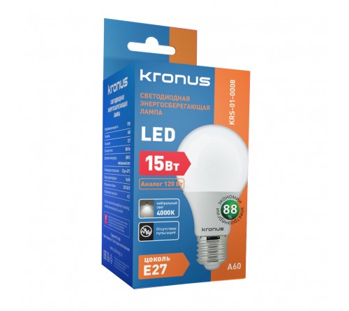 Лампа светодиодная KRONUS (LED) A60-  15W-4000K E27 Белый свет (KRS-01-0008)