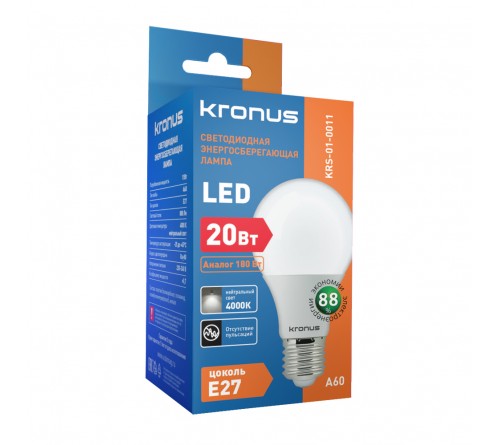 Лампа светодиодная KRONUS (LED) A60- 20W-4000K E27 Белый свет (KRS-01-0011) Лампа светодиодная KRONUS (LED) A60- 20W-4000K E27 Белый свет (KRS-01-0011)