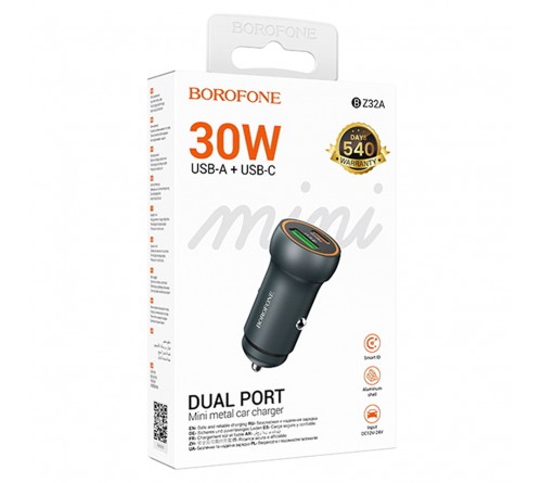 Автомобильное Зарядное Устройство 12V- USB 1*Type-C выход + 1*USB выход Borofone BZ  32A  3.0A,Black QC 3.0 Fast Charger 48W