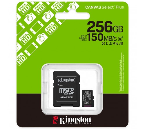 Карта памяти  MicroSDXC   256Gb (Class  10)  Kingston +  Адаптер SD Canvas Select Plus UHS-1 U1 A1 V10 150Mb/s