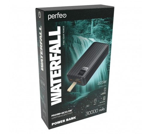 Внешний Аккумулятор Power Bank Perfeo Waterfall            30000 mAh 2*USB 5.0A Black, PD, QC3.0, LI-Pol, Type-C, Fast Charge (PF_D0174)