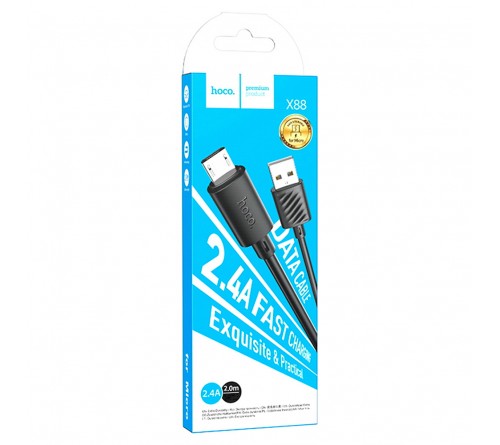Кабель  USB - MicroUSB Hoco X 88 2.0 m,2.4A, Black,коробочка Пластик 2 Метра