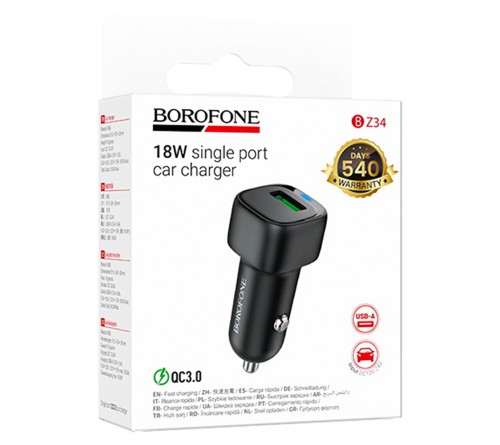 Автомобильное Зарядное Устройство 12V- USB 1*USB выход   Borofone BZ  34    3.0A,Black QC 3.0 Fast Charger 18W