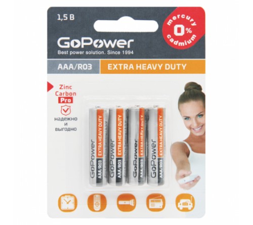 Батарейка GoPower           R03 AAA BL4 Extra Heavy Duty 1.5V (48/576)
